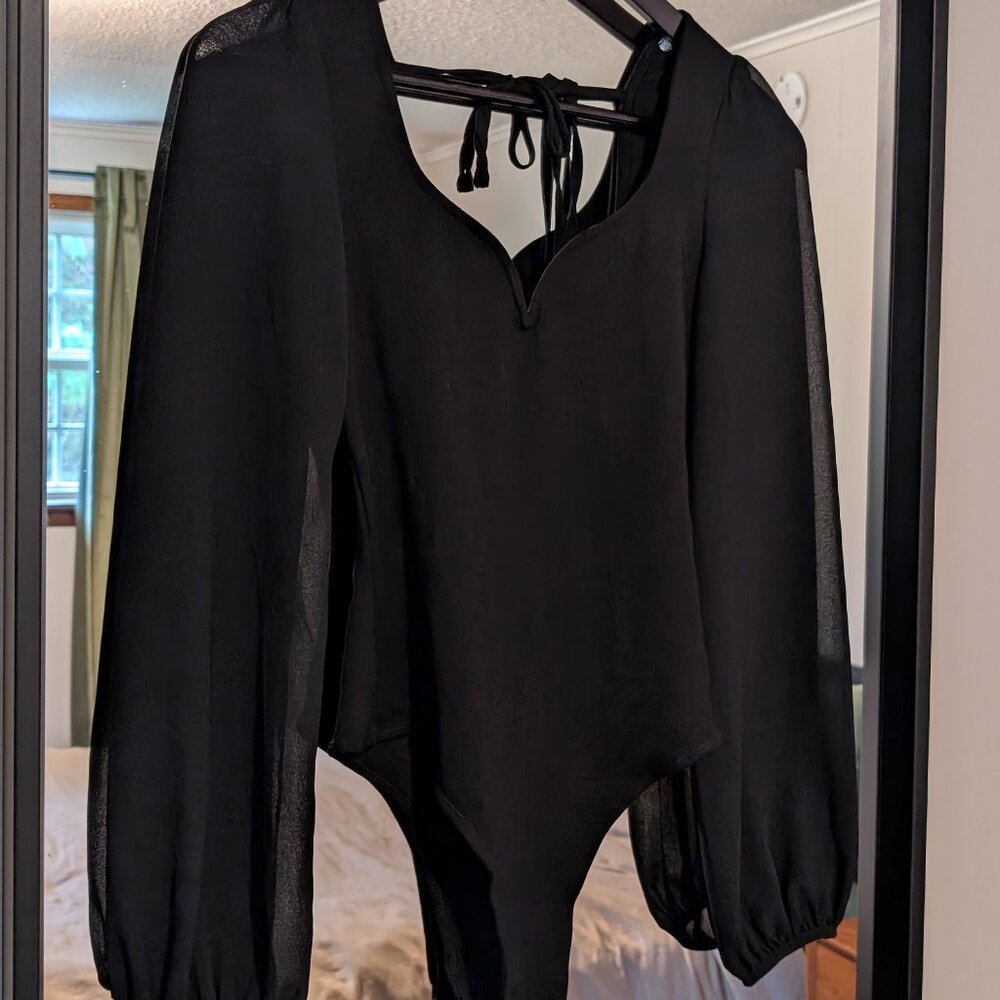 Lulu's Plunging V Neck Sheer Balloon Sleeve Bodysuit